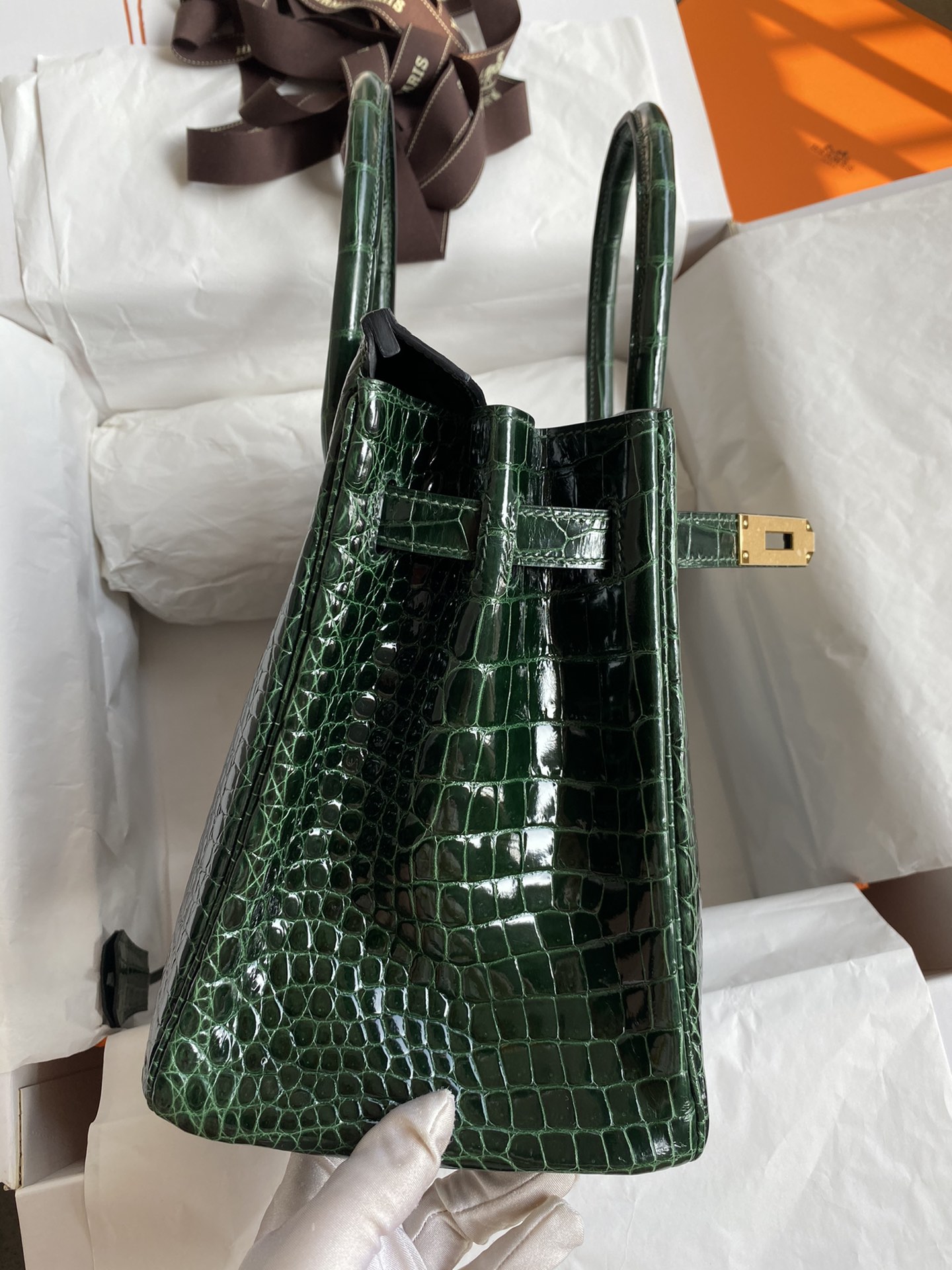 Hermes Birkin 30CM Handmade Bag In Green Crocodile Porosus Shiny Skin